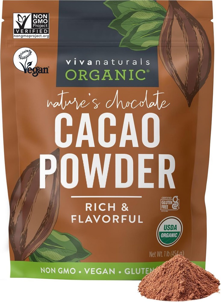 Organic Unsweetened Cacao Powder 1lb - Rich Dark Chocolate Flavor