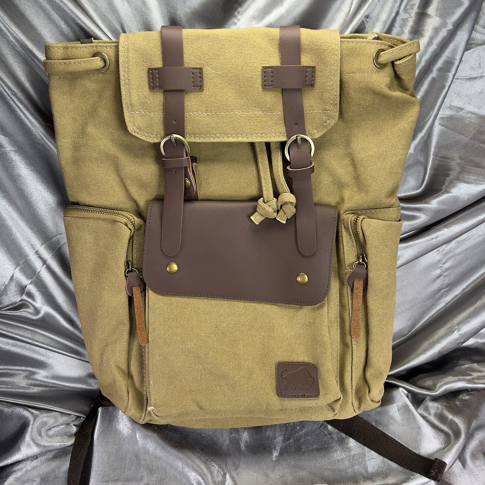 Canvas Leather Backpack Travel Rucksack Camping Hiking School Book Bag Tan Brown