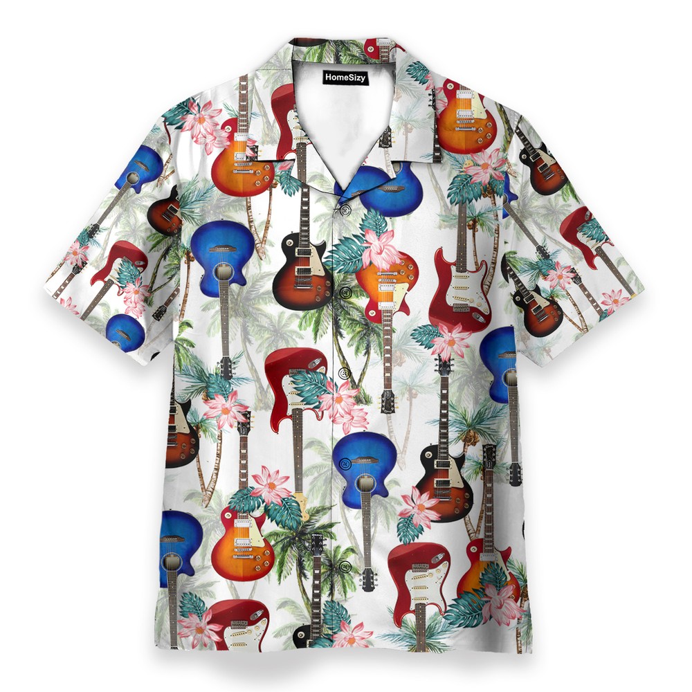 Guitar Tropical Flowers Pattern   Hawaiian Shirt