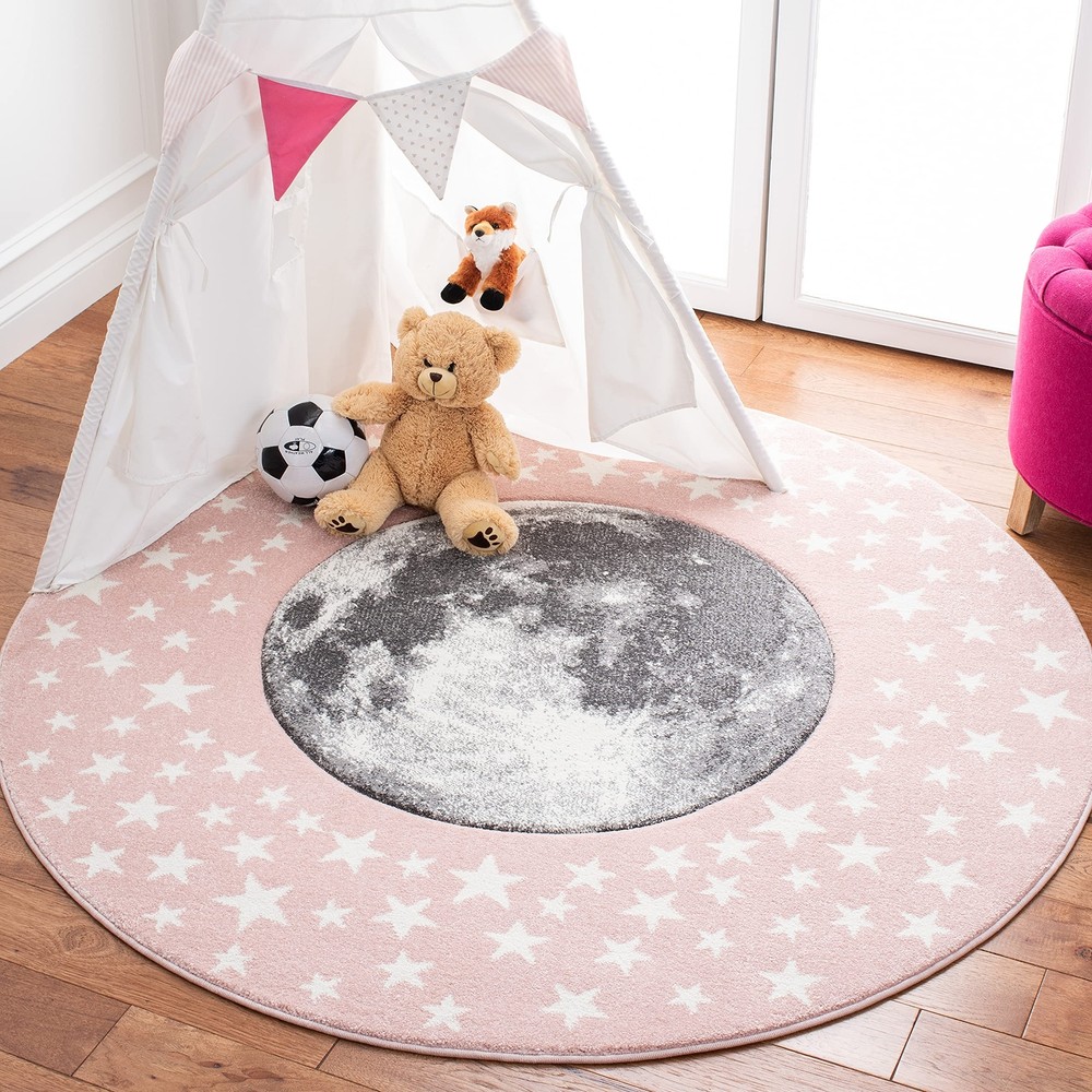 Carousel Collection 4' Round Pink/Grey CRK135U Moon & Stars Non-Shedding Play...
