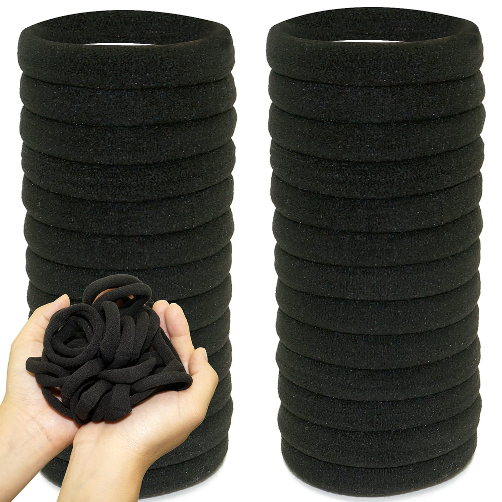 100 Thick Black Seamless Cotton Hair Ties No Metal No Damage Elastic