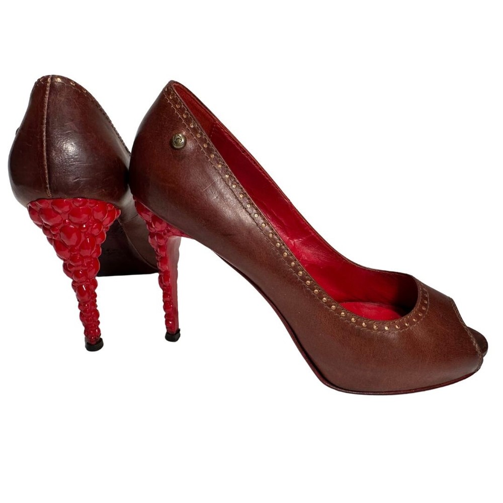Just Cavalli Brown Leather Peep Toe Heels - Red Bubble Gem Heel - Size 37 1/2