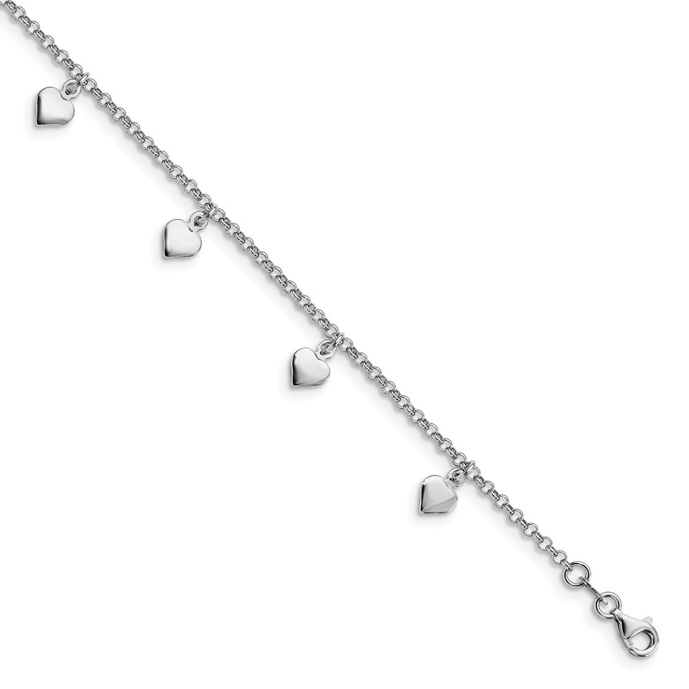 Sterling Silver Rhodium Plated Heart Anklet 9 Inch with 1in Extension 4.98 Grams