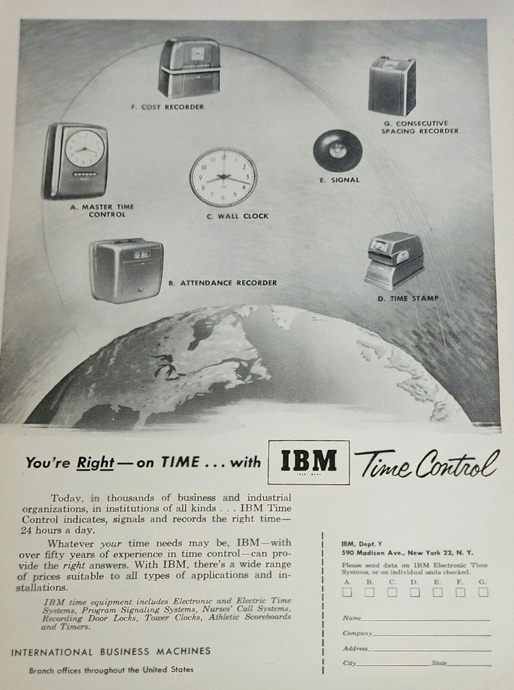 IBM Time Control Magazine Ad Vintage 1952 Print Advertisement Display Art