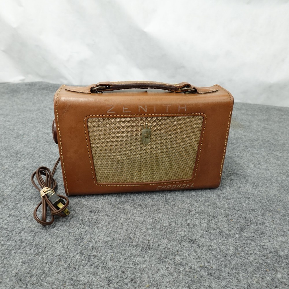 Zenith Tube Radio Carousel Z404L AM Leather Case Loud Volume Works MCM 1950s