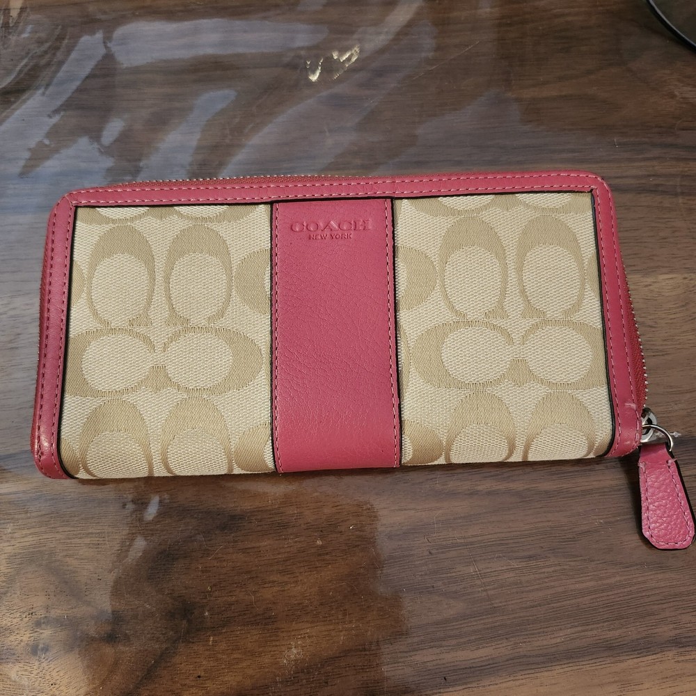 Coach Zip-Around Long Wallet in Pink Leather with Breast Cancer Stripe