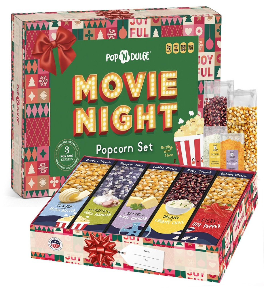 Movie Night Christmas Gifts - Holiday Popcorn Gift Baskets Gift Sets - 5 Non-Gmo