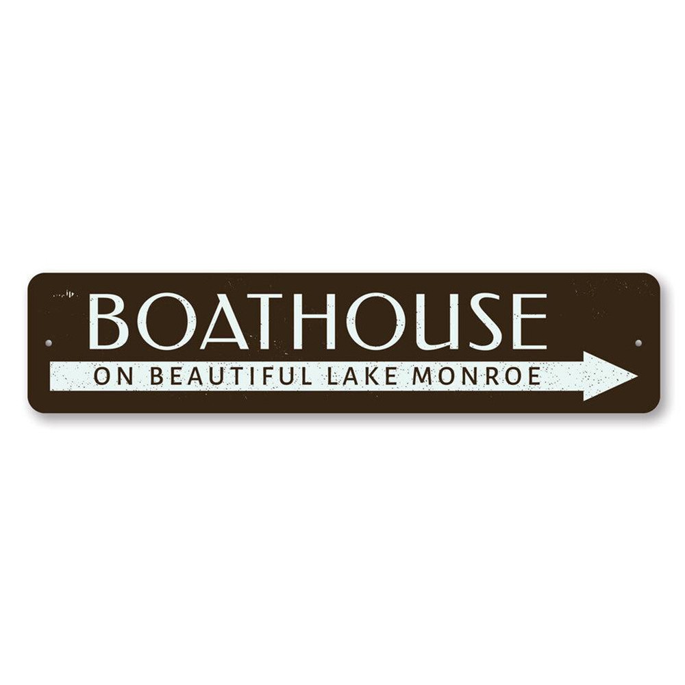 Boathouse Lake Sign, Personalized Arrow Beautiful Lake Name Metal Decor Sign