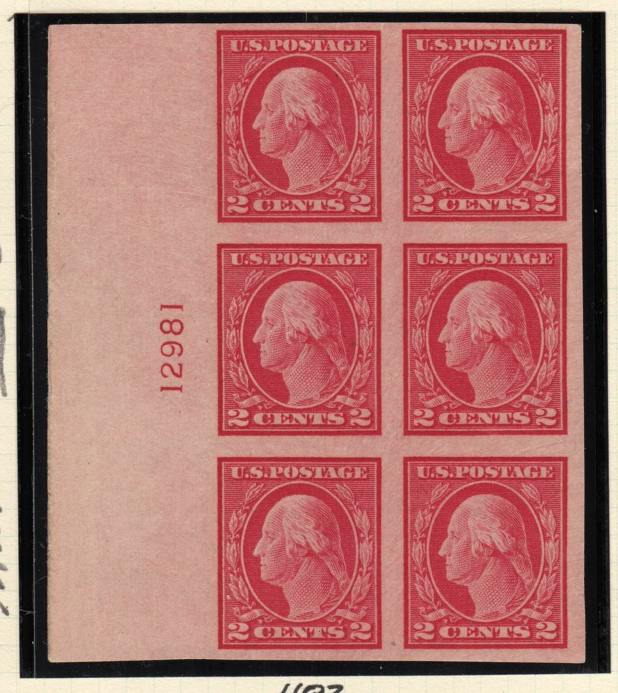 1916 Scott 482 imperf MNH OG plate block 12981L