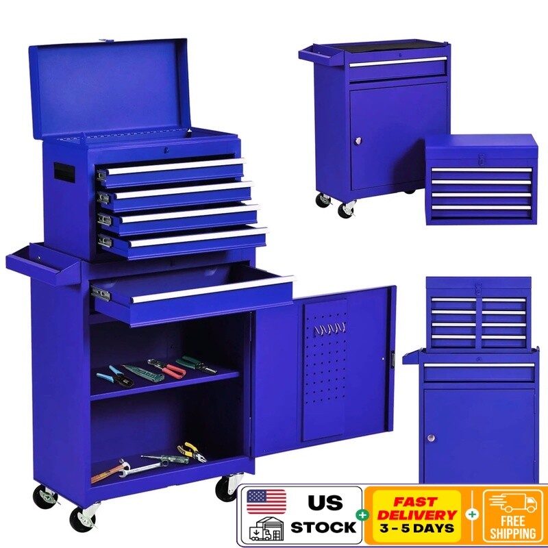 2-in-1 Steel Rolling Tool Chest & Cabinet with 5 Drawers for Garage - Blue