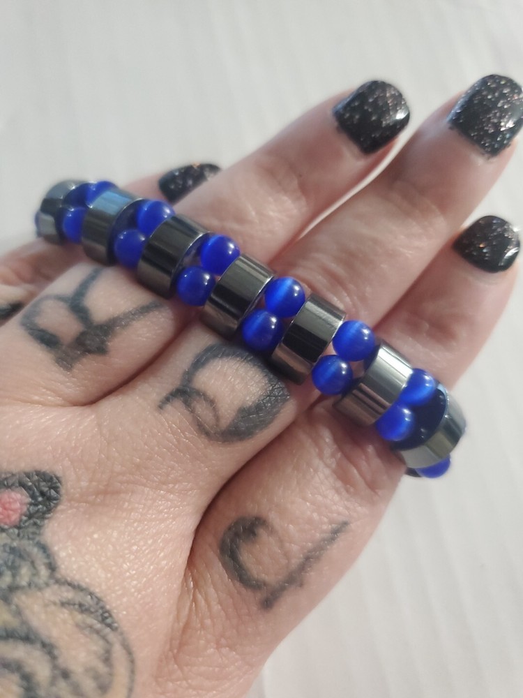 Vintage Blue Hematite Semi Precious Stone Glass Stretch Bracelet