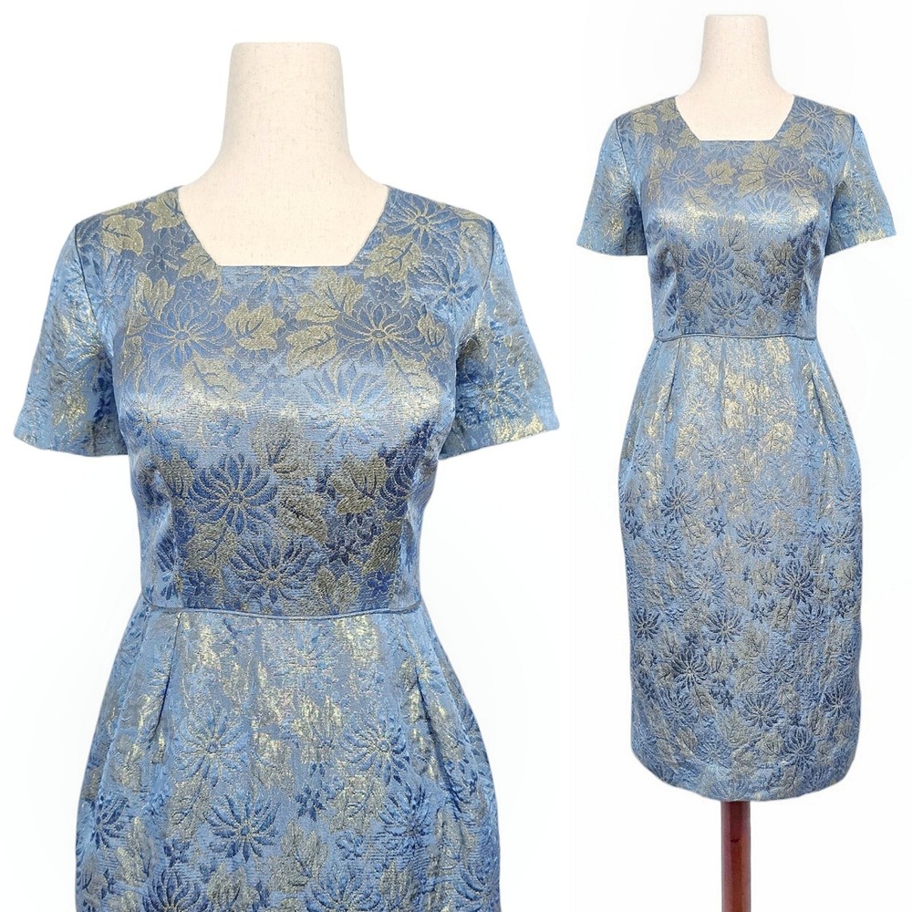 1950s Brocade Dress 50s Vintage Cocktail Gold Slate Blue Small Silk Jacquard MCM