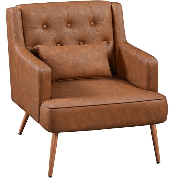 utton-Tufted PU Leather Accent Armchair w/Lumbar Pillow, Deep Seat Cushion,Brown