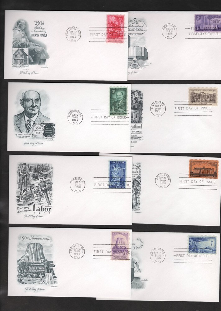 8 1956 Commemoratives FDCs Scott # 1073, 1076, & 1080-1085
