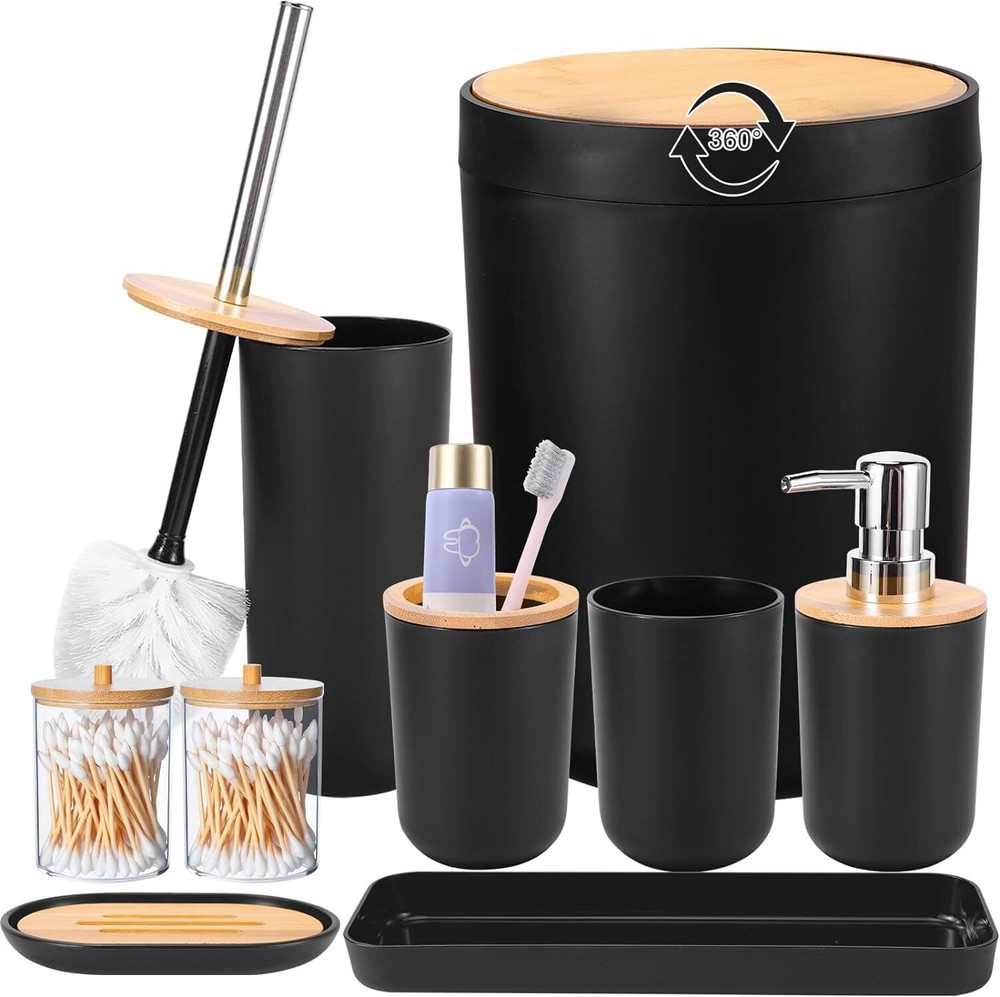 iMucci Bathroom Accessories Set with Trash Can,Toothbrush Bath Set, Black