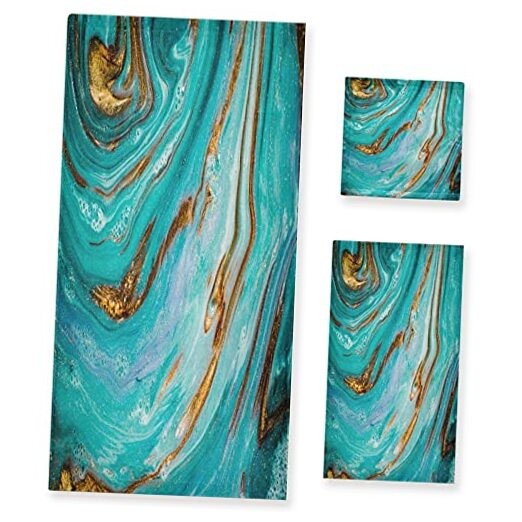 Luxury Teal & Gold Marble Towel Set - 3-Piece Bath Towel, Hand Towel, Washcloth