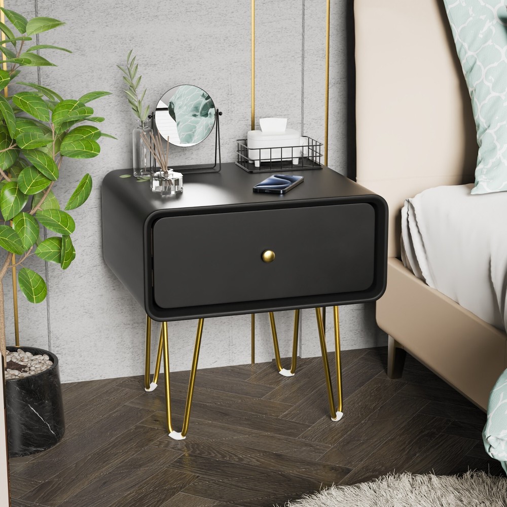 Simplist Nightstand w/4 Metal Legs Wooden Bedroom End Side Table w/Drawer Black