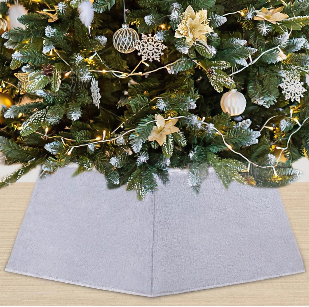 White Faux Fur Christmas Tree Collar Basket 25.19 Inch Holiday Decor