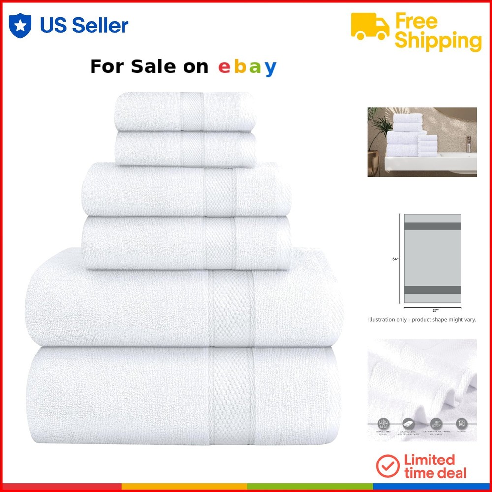 6-Piece Cotton Towel Set with Bath, Hand, and Washcloths - Super Absorbent