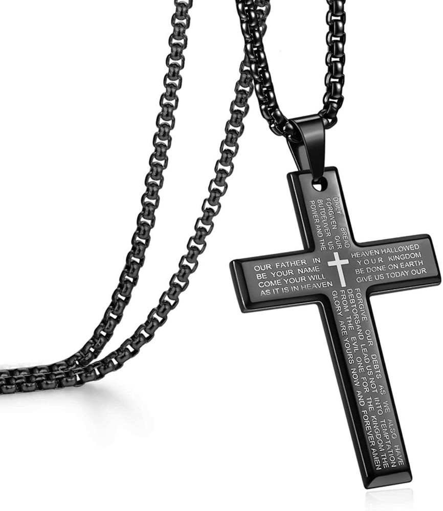 Gold-Plated Stainless Steel Men's Cross Necklace with Lords Prayer Bible Pendant Chain