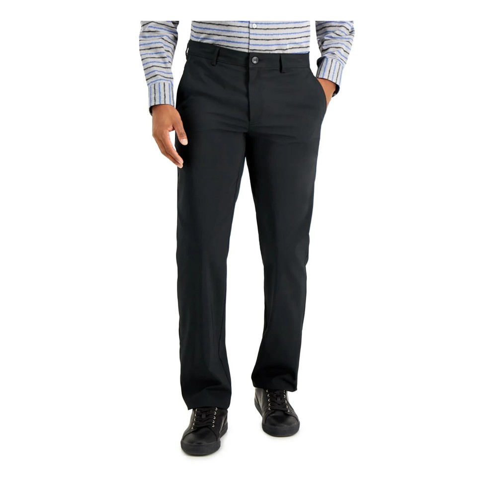 ALFANI Solid Black Dress Pants Stretch Cotton Flat Front Regular Fit 40 x 30