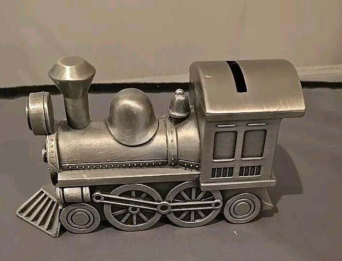 Silver Tone Pewter polished metal Railroad Train Locomotive Coin Bank Queen Anne