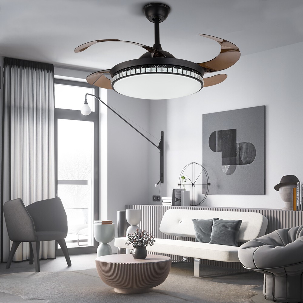 42-Inch Retractable Ceiling Fan with LED Light Remote 3-Color Chandelier  