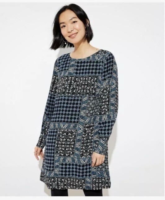 Loft Petites Black Blue Pink Patchwork Ditsy Floral Long Sleeve Dress Sz 2P