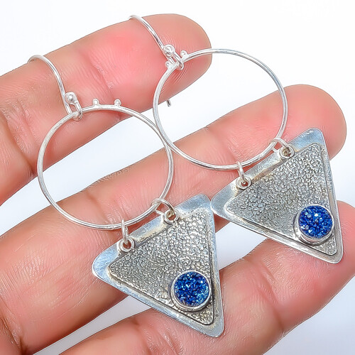 Titanium Blue Agate Drusy 925 Sterling Silver Earring 2.42