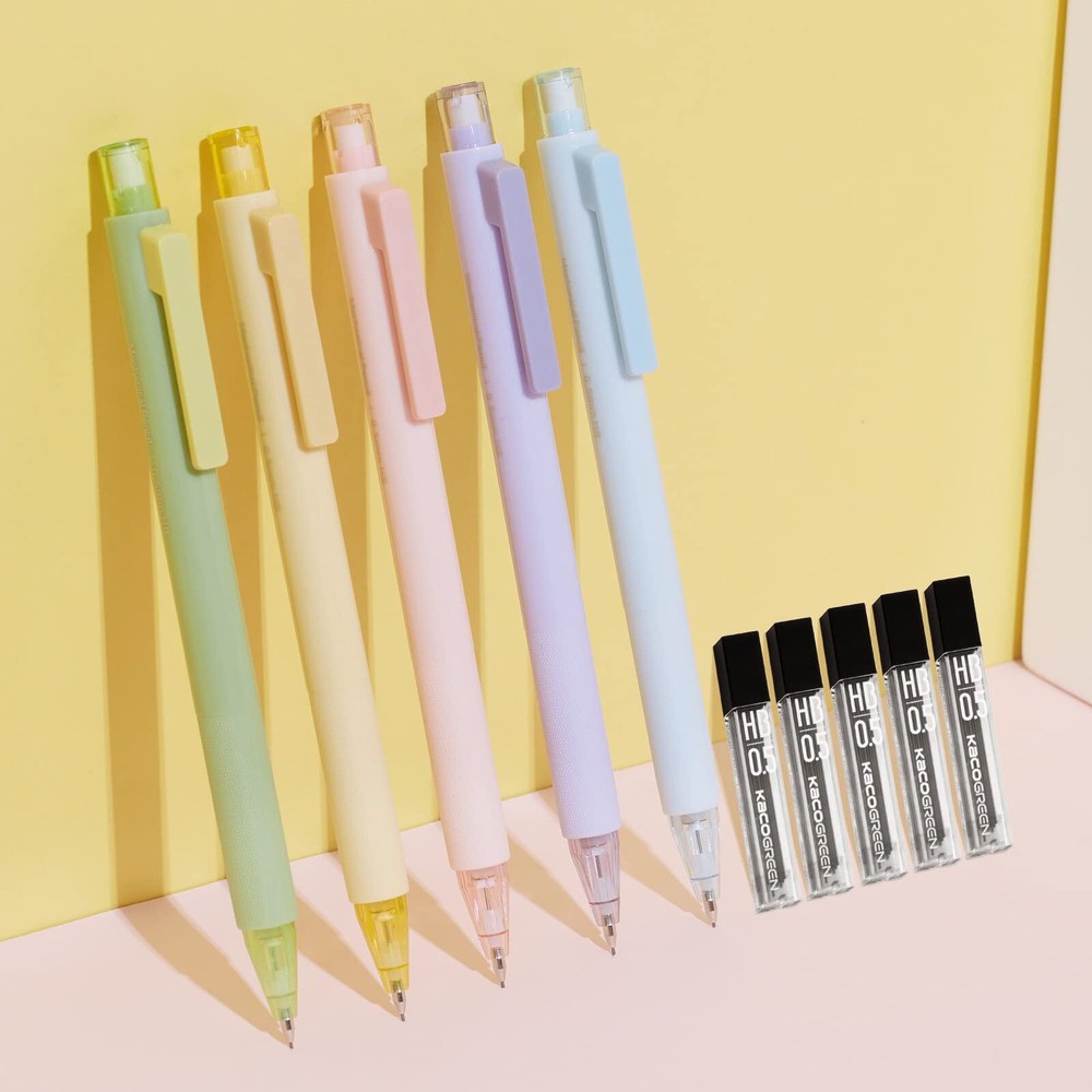 Kaco Mechanical Pencil Set, 5 Pieces Cute Pastel Pencils 0.5 mm with 5 Tube H...