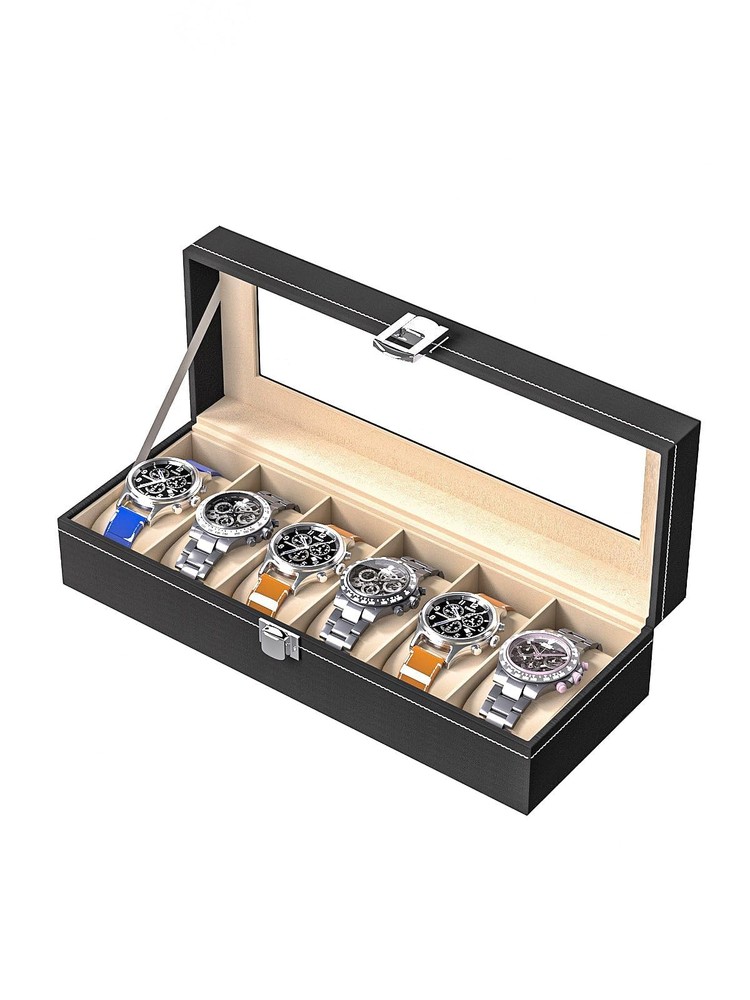 6-Slot Watch Box Organizer with Clear Glass Top Lid