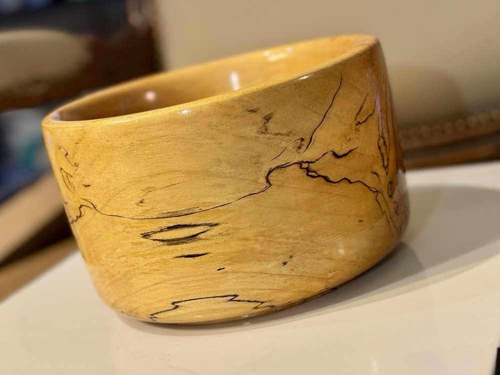 Hand-Turned Spalted Maple Wood Bowl – 7.5” × 4.5” – Signed “John Adams” Artisan
