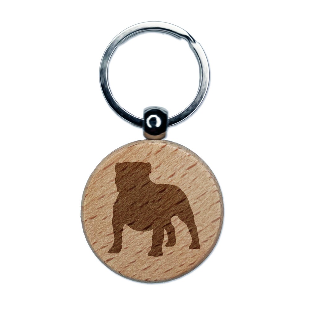 Bulldog English British Dog Solid Engraved Wood Round Keychain Tag Charm