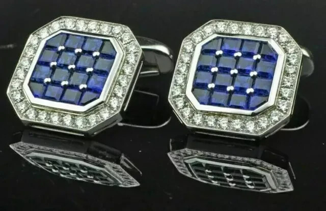 3 Ct Princess Cut Lab-Created Sapphire Men Cufflink Button 14K White Gold Plated