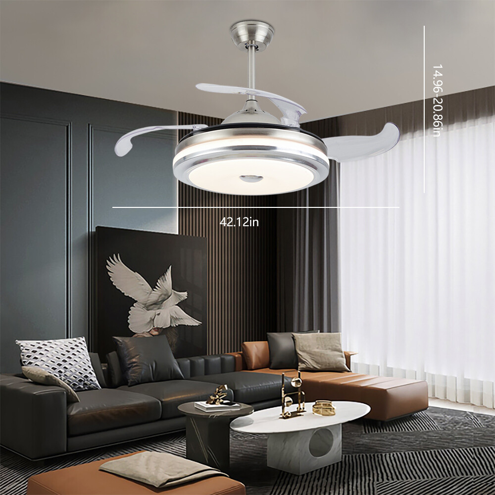 42 Inch Retractable Blade Ceiling Fan with Dimmable LED Light and Remote