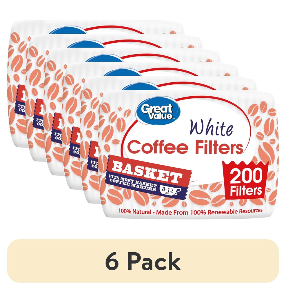 6 pack Great Value White Basket Coffee Filters 200 count Fits Most Basket Coffee