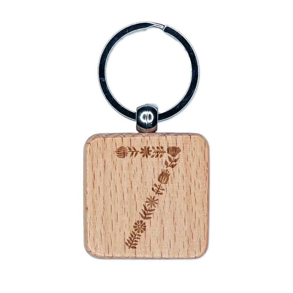 Elegant Floral Engraved Wooden Number 7 Keychain Charm Tag