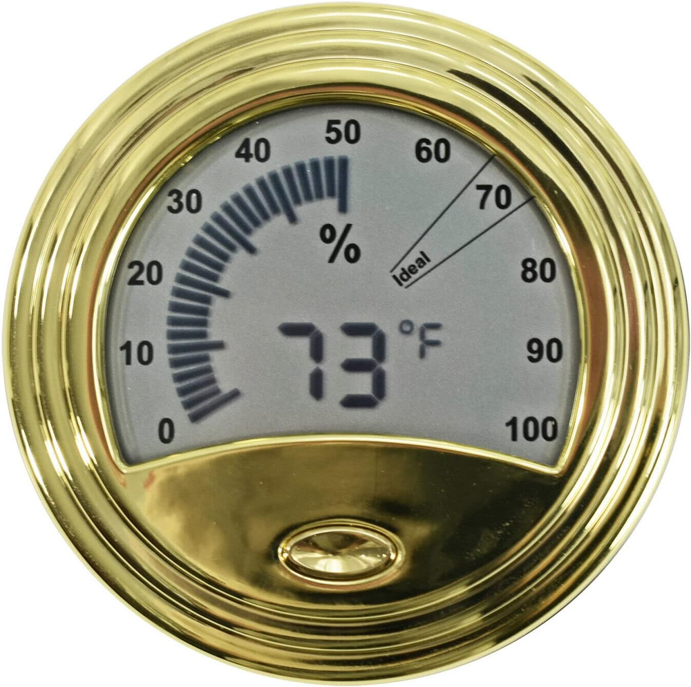 Round Digital Hygrometer & Thermometer, Digital with Analog Readout, Gold Trim,