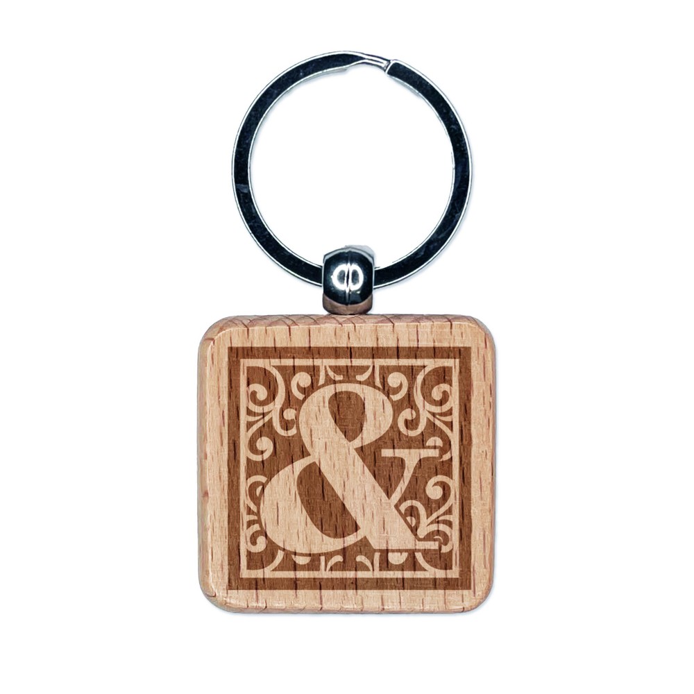 Monogram Swirls Ampersand Engraved Wood Square Keychain Tag Charm