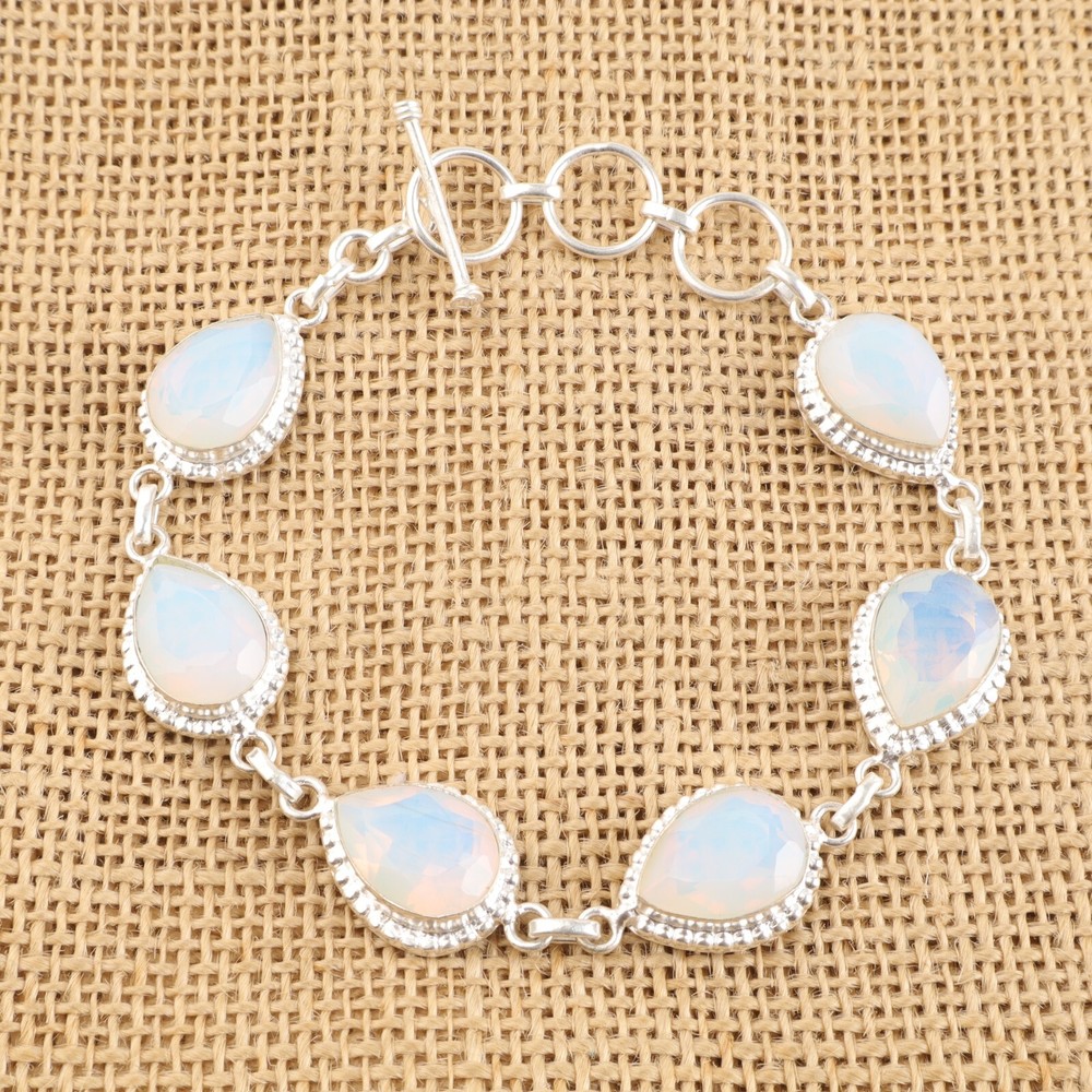 925 Silver October Birth Milky Opal Gemstone Sister Bezel Chain Bracelet Jewelry