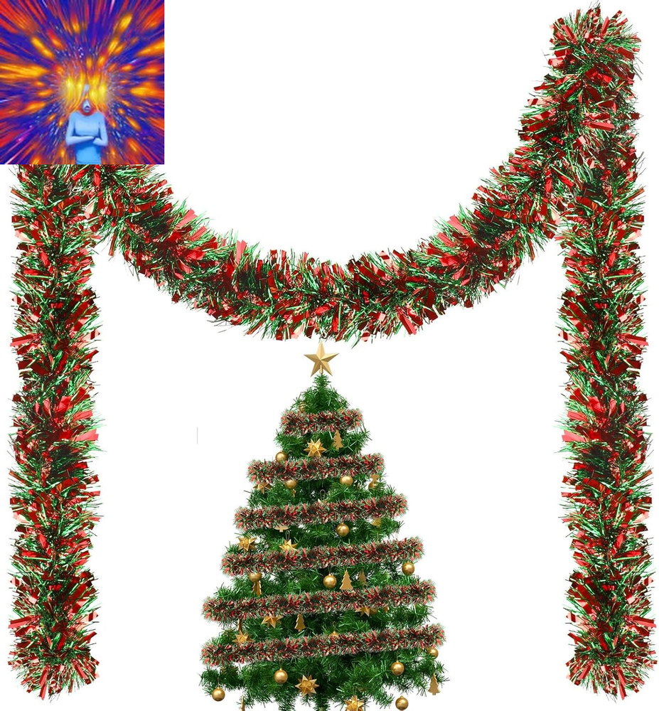 Xmas Tinsel Garland Christmas Tree Decoration, Red Green Metallic Twist Garland