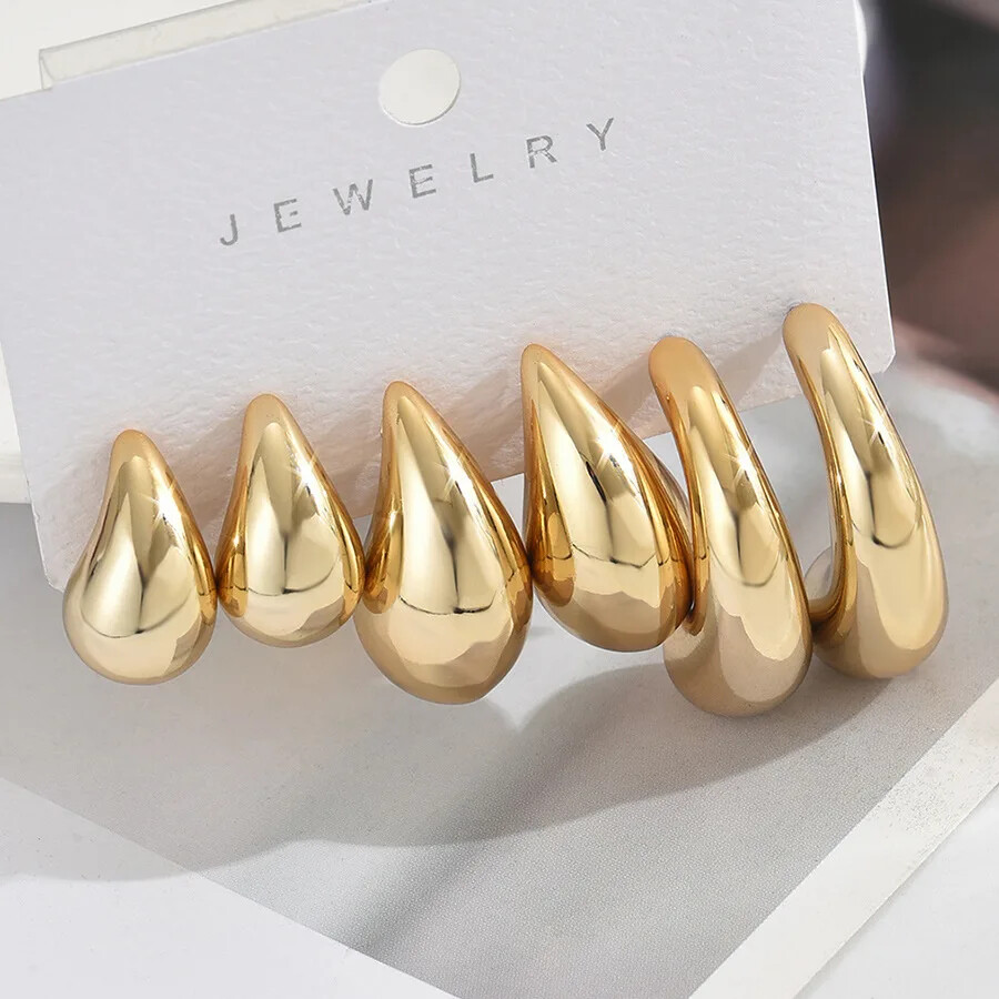 6pcs Classic Geometric Glossy Gold Plated C Shape Water Drop Hoop Earrings