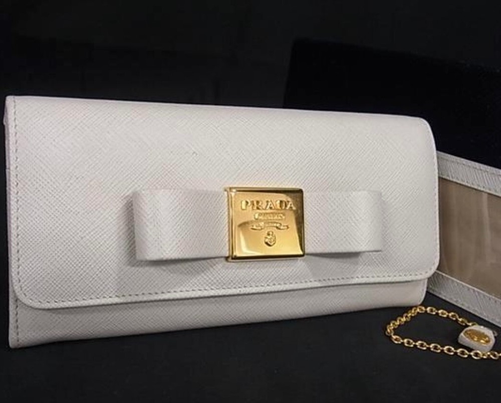 PRADA Safiano  bow with card case  leather Ivory Authentic