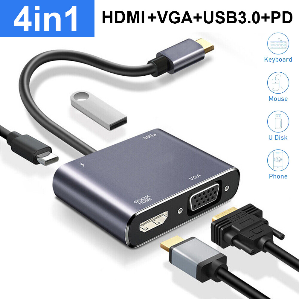 4 IN 1 USB C To HDMI 4K VGA Adapter USB 3.0 Type C to VGA HDMI Video Converter