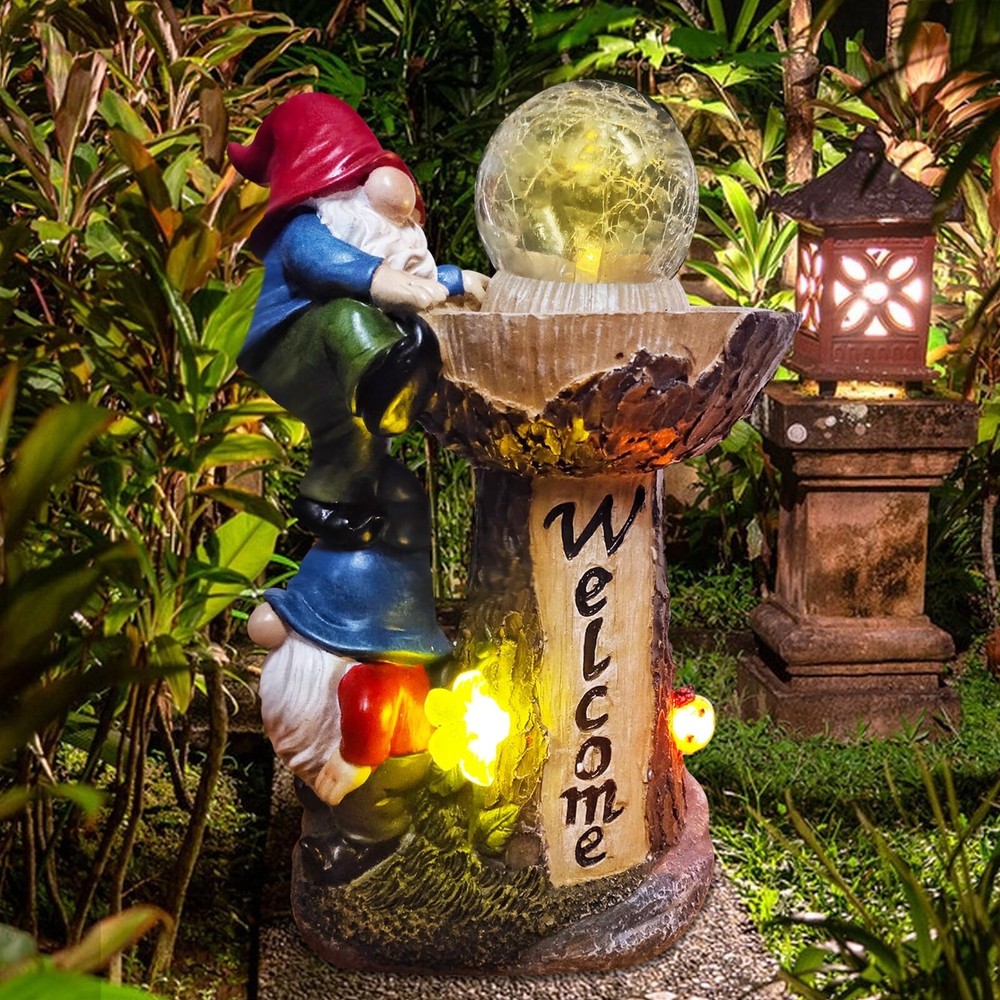 Garden Statue Gnome, Garden Gnomes Statues with Solar LED Light,Funny Double ...