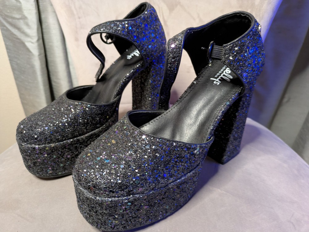 Shellys London Black Glitter Platform Heels With Ankle Strap Sz 38 Or 7 US