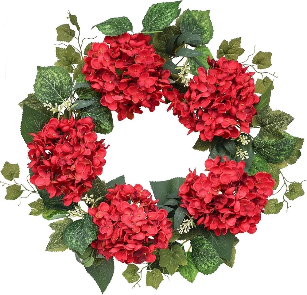 18-Inch Burgundy Hydrangea Summer Wreath for Front Door Decor