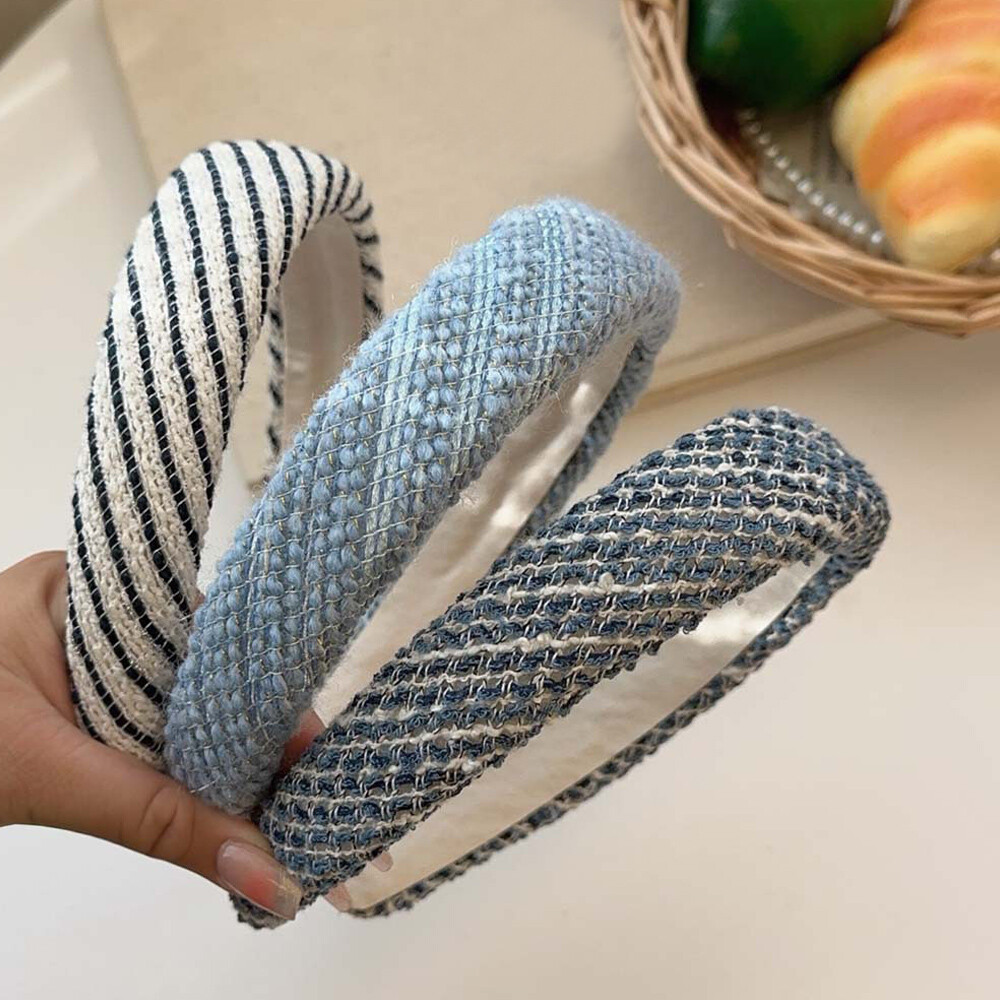 Non Slip Wide Brimmed Head Hoop Striped Knitted Sponge Hair Hoop Blue Headbands