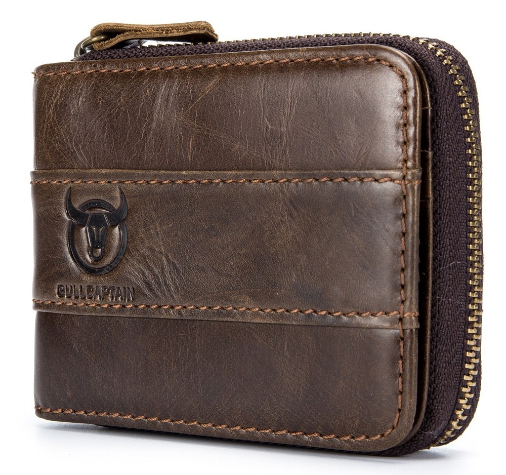 Men's RFID-Blocking Leather Zipper Wallet for Coins - Deep Brown