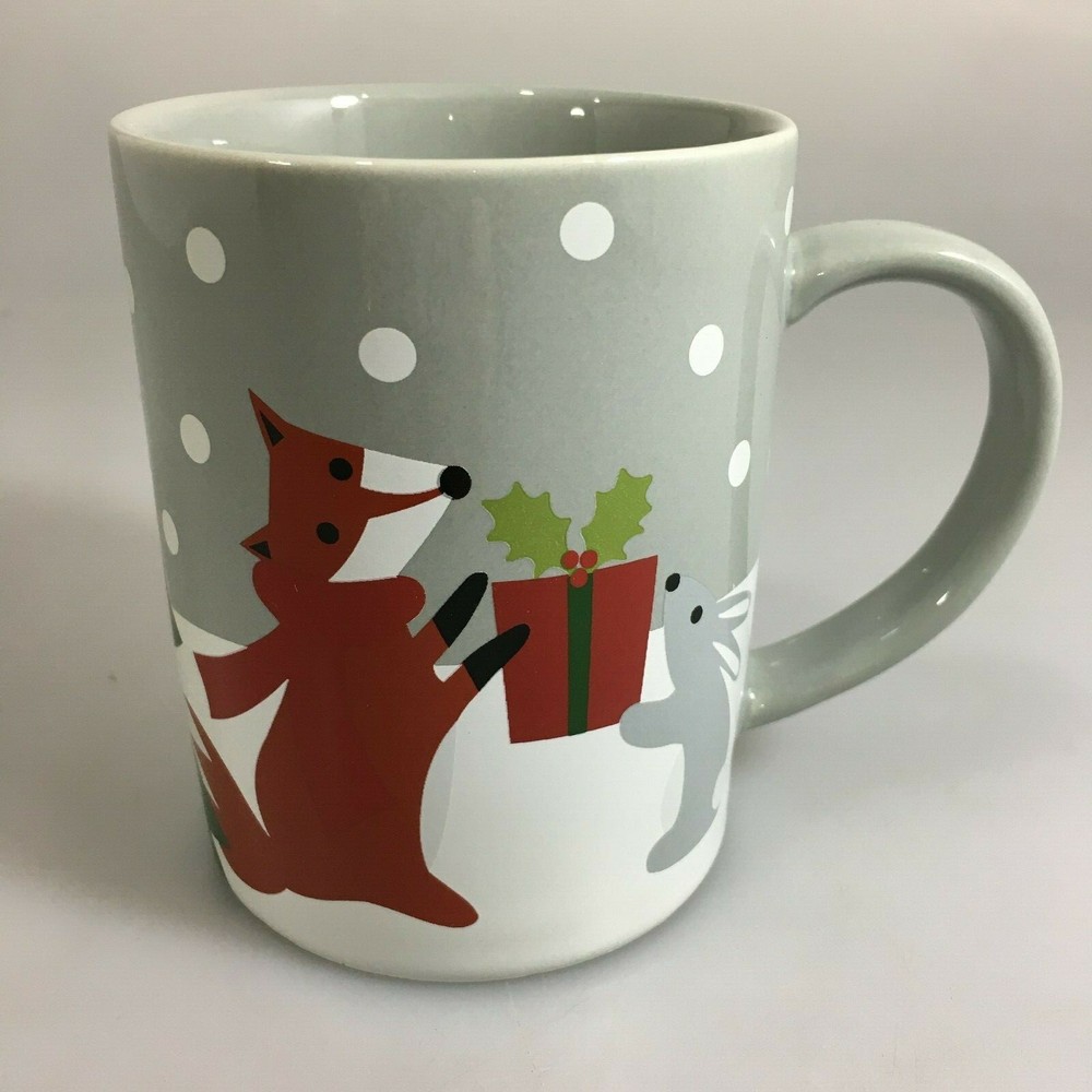 Crate & Barrel Joan Anderson Holiday Critters 2018 Mug Featuring Fox Reindeer Bunny Bird Design